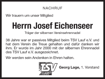 Traueranzeige von Josef Eichenseer von Pegnitz-Zeitung